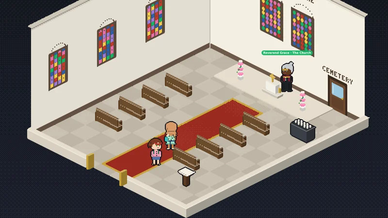 The church: the pews, Reverend Grace by the candles, and the door out to the cemetery