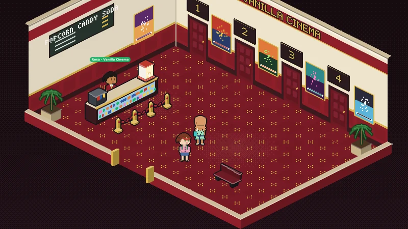 Vanilla Cinema's lobby, Rosa at the concession stand