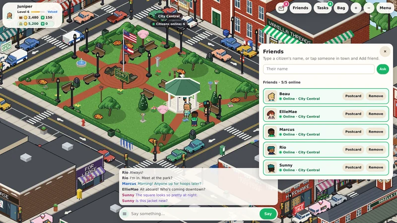 The friends list: who's online, and which district they're in