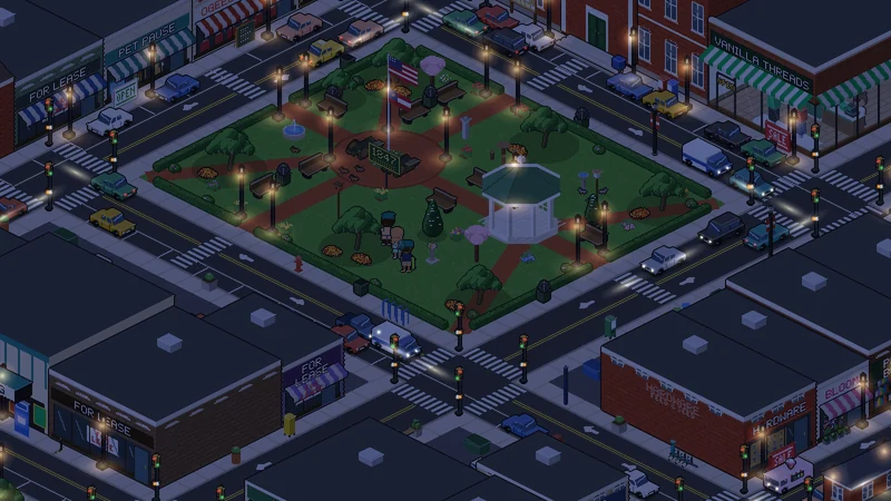 City Central at night: the street lamps, the shop windows and the cars' headlights