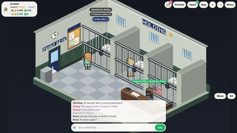 The police station: the front desk, Sergeant Pike, and someone serving time in a cell