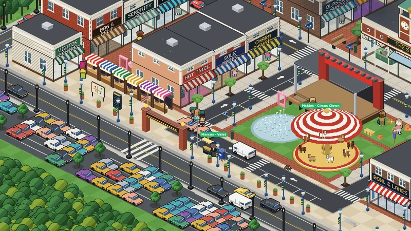 Vanilla Town Center: the shops, the carousel, the fountain and the parking lot